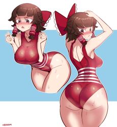  1girl ass blush bow breasts brown_eyes brown_hair chestnut_mouth frilled_bow frills hair_bow hair_tubes hakurei_reimu highres large_breasts medium_breasts multiple_views nicecream red_bow short_hair sidelocks sweat tenga thick_thighs thighs touhou  rating:Sensitive score:27 user:danbooru