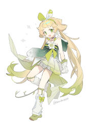  1girl bare_shoulders blonde_hair bow chinese_clothes dress full_body gloves green_bow green_eyes green_footwear green_hair green_hairband hairband hanfu highres long_hair looking_at_viewer multicolored_hair niko_(nikooo2016) open_mouth qixiong_ruqun ruqun shoes shorts simple_background socks solo standing standing_on_one_leg twintails twitter_username verina_(wuthering_waves) very_long_hair white_background white_gloves white_shorts white_socks wuthering_waves  rating:General score:6 user:danbooru