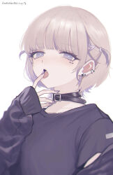  1girl blonde_hair blush collar ear_piercing earrings facial_mark fang hair_ornament hairclip highres hololive hololive_dev_is jewelry looking_at_viewer multicolored_hair open_mouth piercing purple_eyes purple_hair purple_nails short_hair simple_background single_sleeve_past_fingers solo todoroki_hajime tomatoketchup96 tongue tongue_out two-tone_hair two_side_up virtual_youtuber white_background 