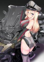 10s 1girl adapted_costume ass bare_shoulders bismarck_(kancolle) blonde_hair blue_eyes blush breasts competition_swimsuit covered_erect_nipples elbow_gloves female_focus gloves hassen_(8cm) hat highleg highleg_swimsuit highres kantai_collection large_breasts long_hair looking_at_viewer motor_vehicle motorcycle one-piece_swimsuit peaked_cap smile solo standing swimsuit thighhighs vehicle rating:Sensitive score:36 user:danbooru