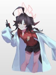 1girl :3 absurdres ahoge black_hair black_shorts blue_archive blush coat collared_shirt controller cropped_legs grey_background hair_between_eyes halo highres holding horns kasumi_(blue_archive) lab_coat leaning_forward long_hair long_sleeves looking_at_viewer open_clothes open_coat red_shirt remote_control shirt shorts simple_background sleeves_past_fingers sleeves_past_wrists solo spmkwy tail white_coat yellow_eyes 