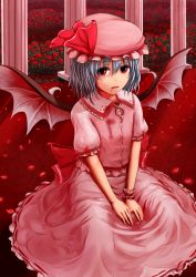  1girl ameto bad_id bad_pixiv_id bat_wings blood blood_on_face blood_on_clothes blue_hair fangs field flower flower_field frills hat hat_ribbon highres long_skirt looking_at_viewer mob_cap on_floor open_mouth petals puffy_sleeves red_eyes red_flower red_rose remilia_scarlet ribbon rose rose_petals sash shirt short_hair sitting skirt skirt_set solo touhou wings wrist_cuffs 