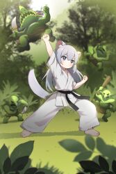  1girl absurdres animal_ear_fluff animal_ears barefoot belt black_belt blood blue_eyes blurry blurry_background chinese_commentary clenched_hand club_(weapon) commentary_request dougi full_body goblin grey_hair highres holding holding_club holding_sword holding_weapon kuma-bound long_hair martial_arts_belt on_grass original pants punching solo standing sword tail weapon white_pants 