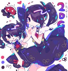  1girl ame-chan_(needy_girl_overdose) black_hair black_ribbon black_skirt chestnut_mouth closed_mouth collared_shirt commentary_request hair_ornament hair_over_one_eye hands_up highres holding holding_phone long_hair looking_at_viewer multiple_views neck_ribbon needy_girl_overdose open_mouth phone purple_eyes red_shirt ribbon shirt skirt standing sushiuma_m suspender_skirt suspenders translation_request twintails white_background x_hair_ornament 