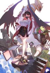  1girl absurdres black_footwear black_hair black_skirt black_wings breasts cellphone collared_shirt colored_inner_hair creatures_(company) crossed_legs earrings fence floating_rock full_body game_freak gen_4_pokemon giratina giratina_(altered) glowing glowing_eyes hair_intakes highres holding holding_phone huge_breasts hxxg iron_fence jewelry keyboard_(computer) legendary_pokemon looking_at_viewer mask monitor mouth_mask multicolored_hair mythical_pokemon nintendo nintendo_2ds pencil_skirt personification phone poke_ball pokemon red_eyes red_hair reference_inset ruins shaymin shirt side_slit signature skirt sleeping smartphone socks stairs standing streaked_hair tile_floor tiles tree ultra_ball water waterfall watson_cross white_background white_shirt white_socks wings 