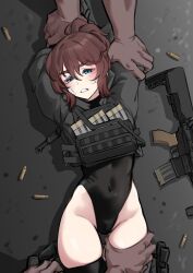 1girl 2boys absurdres arm_grab arms_up assault_rifle bandaid bandaid_on_face black_leotard black_thighhighs blue_eyes blush brown_hair clenched_teeth clothes_pull concrete covered_navel dark-skinned_male dark_skin gloves gluteal_fold grey_gloves grey_hoodie groin gun hair_between_eyes high_ponytail highres hood hoodie imminent_rape k0ng leg_grab leotard leotard_under_clothes load_bearing_vest loner-chan_(k0ng) lying medium_hair multiple_boys on_back on_floor original pants pants_pull restrained rifle shell_casing sidelocks sweatdrop teeth thick_eyebrows thigh_gap thighhighs thong_leotard v-shaped_eyebrows weapon