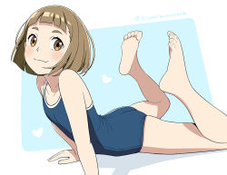  1girl barefoot blue_background blue_one-piece_swimsuit blunt_bangs breasts brown_eyes brown_hair competition_school_swimsuit feet feet_up foot_focus hiyori_mizuki lying on_stomach one-piece_swimsuit school_swimsuit short_hair small_breasts soles solo sora_yori_mo_tooi_basho swimsuit tamaki_mari the_pose thick_eyebrows toes twitter_username 