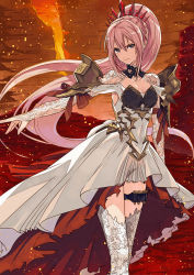  1girl absurdres arm_ribbon armor breasts bullet cleavage closed_mouth crown dress female_focus hair_between_eyes highres kanmiya_shinobu lace long_hair looking_at_viewer multicolored_hair off_shoulder pauldrons pink_hair ponytail purple_eyes ribbon serious shionne_(tales) shoulder_armor sidelocks solo tales_of_(series) tales_of_arise thigh_strap thighhighs very_long_hair white_thighhighs  rating:Sensitive score:23 user:danbooru