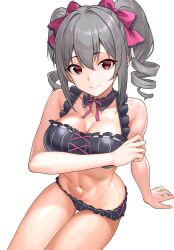  1girl bikini black_bikini bow breasts cleavage commentary_request drill_hair fascinate_kyrie frilled_bikini frills from_above grey_hair hair_bow highres idolmaster idolmaster_cinderella_girls kanzaki_ranko large_breasts looking_at_viewer medium_hair navel red_eyes simple_background sitting smile solo swimsuit thigh_gap toned twin_drills white_background 