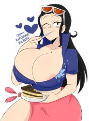  1girl areola_slip black_hair breasts bursting_breasts cake cleavage english_text eyebrows eyelashes eyewear_on_head food heart huge_breasts jinu_(jinusenpai) long_hair nico_robin one_eye_closed one_piece simple_background solo spoon sunglasses text_focus white_background  rating:Questionable score:58 user:Zune2