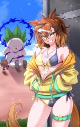  3girls absurdres agnes_tachyon_(lunatic_lab)_(umamusume) agnes_tachyon_(umamusume) ahoge animal_ears beach bikini bikini_under_clothes blue_sky braid breasts brown_hair chibi chibi_inset commentary_request crossed_bangs day front-tie_bikini_top front-tie_top g_(genesis1556) gold_ship_(umamusume) grey_hair grin hair_between_eyes hair_ornament hairclip hands_in_pockets highres horizon horse_ears horse_girl horse_tail jacket jewelry jungle_pocket_(umamusume) kii-kun_(agnes_tachyon)_(umamusume) long_sleeves looking_at_another looking_at_viewer medium_hair multiple_girls ocean official_alternate_costume outdoors partially_unzipped pendant pocket sand side-tie_bikini_bottom skindentation sky small_breasts smile solo_focus standing swimsuit tail thigh_strap umamusume veins water yellow_eyes zipper zipper_pull_tab 
