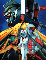  1990s_(style) 1999 aged_up amuro_ray animedia artist_request bazooka_(gundam) char_aznable closed_eyes damaged dark_skin dirty dress earth_federation gloves gundam helmet highres holding_own_arm injury lalah_sune long_hair magazine_scan mecha mobile_armor mobile_suit mobile_suit_gundam official_art pilot_suit promotional_art retro_artstyle robot rx-78-2 salute sayla_mass scan science_fiction space spacesuit spoilers star_(symbol) starry_background sword traditional_media upper_body v-fin weapon zeon zeong 