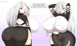 1girl absurdres alchemist_(girls&#039;_frontline) arms_behind_head ass blush breasts curvy english_text gigantic_breasts girls&#039;_frontline highres huge_ass huge_breasts long_hair looking_at_viewer smile solo startop thick_thighs thighs very_long_hair white_hair wide_hips yellow_eyes  rating:Questionable score:89 user:JustHere4Butts