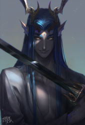  1boy ao_guang bare_pectorals blue_hair dragon fan_ju fang forehead_jewel gradient_background grin highres horns journey_to_the_west long_hair male_focus pectorals pointy_ears shade signature slit_pupils smile solo sword upper_body weapon yellow_eyes 