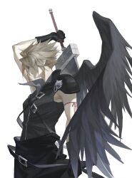  1boy absurdres arm_ribbon armor black_cape black_gloves black_shirt black_wings blonde_hair cape cloud_strife cowboy_shot dododo facing_to_the_side feathered_wings fenrir_(final_fantasy) final_fantasy final_fantasy_vii final_fantasy_vii_advent_children first_ken gloves hair_over_eyes highres holding holding_sword holding_weapon male_focus over_shoulder pink_ribbon popped_collar ribbon shirt short_hair shoulder_armor single_shoulder_pad single_wing sleeveless sleeveless_shirt solo spiked_hair sword waist_cape weapon weapon_over_shoulder white_background wings wolf 