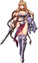  10s 1girl armor armored_boots artist_request bikini_armor black_panties blonde_hair blue_eyes boots braid breasts cleavage female_focus front_braid full_body gauntlets greaves hairband highres holding holding_sword holding_weapon large_breasts leina_(queen&#039;s_blade) leina_(queen&#039;s_blade_unlimited) long_hair looking_at_viewer no_bra official_art panties pelvic_curtain queen&#039;s_blade queen&#039;s_blade_unlimited redesign revealing_clothes shield shiny_skin side_braids solo standing sword thong transparent_background twin_braids underwear weapon  rating:Questionable score:31 user:lightknightz