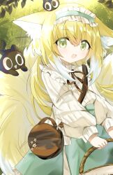  1girl :d animal_ear_fluff animal_ears arknights bag blonde_hair blush brown_ribbon buttons colored_tips commentary cowboy_shot creature eyes_visible_through_hair frilled_hairband frilled_shirt_collar frills green_eyes green_hairband green_skirt hair_between_eyes hairband heart heixiu highres hiyoko_(96823534) holding leaf long_hair long_sleeves looking_at_viewer luo_xiaohei luo_xiaohei_zhanji multicolored_hair neck_ribbon official_alternate_costume open_mouth puffy_long_sleeves puffy_sleeves ribbon shirt skirt smile solo split_mouth standing streaked_hair suzuran_(arknights) suzuran_(spring_praise)_(arknights) tail white_hair white_shirt yellow_tail 