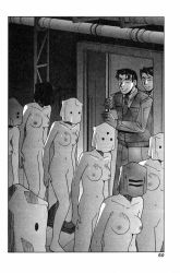  00s 2boys 6+girls bag_on_head border breasts clothed_male_nude_female comic completely_nude diclonius door elfen_lied faceless feet greyscale highres legs medium_breasts midriff monochrome multiple_boys multiple_girls navel neck nipples nude page_number pectorals standing white_border  rating:Questionable score:16 user:stalker34
