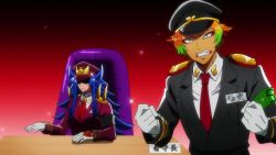  1girl animated anime_screenshot audible_speech blue_hair blush covering_face english_audio formal gloves heart highres hyakushiki_momoko nanbaka red_suit sound sounds spiked_hair suit tagme uniform video 
