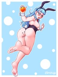  1girl absurdres animal_ears ass bare_shoulders barefoot bent_over black_leotard blue_eyes blue_hair blue_nails blush bow bowtie breasts bulma cleavage dragon_ball fake_animal_ears feet from_behind highres leotard lewdsaiga long_hair looking_at_viewer looking_back nail_polish nipples open_mouth playboy_bunny polka_dot pussy rabbit_ears rabbit_tail shiny_skin simple_background smile soles solo strapless surprised tail thighs torn_clothes uncensored wrist_cuffs  rating:Explicit score:46 user:kingmikasa
