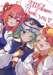  3girls :d animal animal_on_head bird bird_on_head black_skirt blonde_hair blue_eyes blue_kimono blue_vest blush breasts chick closed_eyes closed_mouth d9ysbx288350 dress english_text epaulettes flat_cap frilled_hat frills green_hair hair_bobbles hair_ornament hat japanese_clothes kimono long_sleeves mandarin_collar medium_breasts medium_hair multicolored_hair multiple_girls niwatari_kutaka on_head one_eye_closed onozuka_komachi open_mouth orange_dress parted_lips red_eyes red_hair rod_of_remorse shiki_eiki short_hair simple_background skirt sleeve_bow small_breasts smile thank_you touhou two-tone_hair two_side_up vest wide_sleeves 