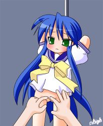 00s animated animated_gif artist_request blue_hair bottomless fingering green_eyes izumi_konata loli long_hair lowres lucky_star pole pussy school_uniform very_long_hair  rating:Explicit score:33 user:red_elf
