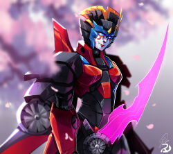  1girl blue_eyes breasts cherry_blossoms colored_skin commentary energy_sword english_commentary helmet highres humanoid_robot looking_at_viewer mechanical_wings medium_breasts red_lips robot robot_girl ryuudraws shiny_skin smile solo sword the_transformers_(idw) transformers weapon windblade wings 