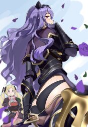 2girls armor ass ass_focus black_armor black_panties blonde_hair boots breasts butt_crack camilla_(fire_emblem) elise_(fire_emblem) fire_emblem fire_emblem_fates hair_over_one_eye highres large_breasts long_hair looking_at_viewer looking_back monoi_daru multicolored_hair multiple_girls nintendo panties purple_eyes purple_hair siblings sideboob sisters small_breasts smile thigh_boots tiara twintails underwear very_long_hair wavy_hair  rating:Sensitive score:50 user:danbooru