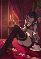  1girl bare_arms bed black_hair black_thighhighs blue_eyes bojue_yu_yaojing_695657 bra breasts cake candle candlestand cleavage fate/stay_night fate_(series) food fruit highres jewelry lace lace-trimmed_legwear lace_trim legs lingerie long_hair long_legs looking_at_viewer navel necklace off_shoulder panties pendant plate sitting solo spoon strawberry thighhighs thighs tohsaka_rin tongue tongue_out twintails two_side_up underwear underwear_only  rating:Sensitive score:80 user:danbooru