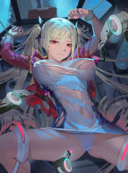  1girl azur_lane blonde_hair bound bound_wrists breasts damiaodi highres large_breasts long_hair looking_at_viewer lying nelson_(azur_lane) nipples no_bra on_back panties red_eyes solo spread_legs torn_clothes underwear white_panties  rating:Questionable score:40 user:danbooru