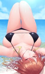  1girl aketa_mikoto bikini black_bikini blonde_hair blush breasts breasts_apart brown_hair collarbone commentary_request gradient_hair hair_spread_out halterneck highres huge_breasts idolmaster idolmaster_shiny_colors kirou_(kiruyuu1210) knees_up looking_at_viewer lying multicolored_hair navel on_back outdoors shallow_water solo stomach string_bikini swimsuit upside-down water 
