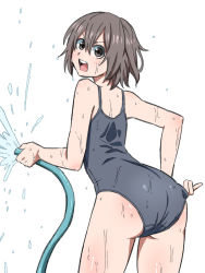 1girl adjusting_clothes adjusting_swimsuit angry ass back bad_id bad_pixiv_id brown_eyes brown_hair highres hose looking_at_viewer looking_back one-piece_swimsuit open_mouth original school_swimsuit simple_background solo swimsuit teeth tuskryo upper_teeth_only water wet white_background rating:Sensitive score:5 user:danbooru