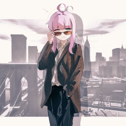  1girl absurdres ahoge black_pants blue_archive brown_jacket cityscape collared_shirt commentary cosplay dimitri_rascalov dimitri_rascalov_(cosplay) english_commentary eyewear_pull grand_theft_auto grand_theft_auto_iv green_eyes halo hand_in_pocket hand_up highres jacket kaya_(blue_archive) letterboxed long_hair looking_over_eyewear monochrome_background nougat_(73r1r1) one_eye_closed outside_border pants photo-referenced pink_hair plaid plaid_jacket shadow shirt sidelocks solo sunglasses tinted_eyewear white_shirt yellow-tinted_eyewear yellow_halo 