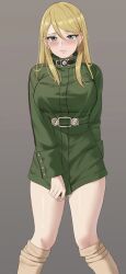  1girl absurdres amayo_thranana aqua_eyes blonde_hair blush breasts closed_mouth commentary commission frown green_jacket grey_background hair_between_eyes highres jacket knees_together_feet_apart large_breasts long_hair metroid mole mole_under_mouth nintendo samus_aran simple_background skeb_commission solo standing 