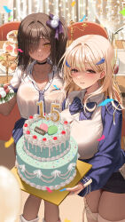  2girls absurdres ame_816 anniversary black_choker blonde_hair blue_bow blue_bowtie blue_cardigan blue_necktie blurry blurry_foreground blush bow bowtie bra_visible_through_clothes breasts brown_eyes brown_hair button_gap cake candlestand cardigan chair champagne_flute choker cleavage collared_shirt confetti cookie cup cupcake dark-skinned_female dark_skin drinking_glass earrings food from_above goddess_of_victory:_nikke grey_nails gyaru happy_anniversary highres holding holding_plate huge_breasts jewelry kogal large_breasts loose_necktie miniskirt multiple_girls naga_(nikke) necklace necktie plate pleated_skirt see-through shirt side_ponytail skirt smile striped_necktie thighhighs tia_(nikke) white_shirt yellow_eyes 
