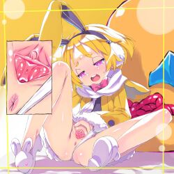  1girl absurdres animal_ears anus blonde_hair blush bow bowtie clitoris disgaea earmuffs fake_animal_ears female_focus full_body fur-trimmed_jacket fur-trimmed_sleeves fur_trim highres jacket knee_up loli long_sleeves open_mouth purple_eyes pussy rabbit_ears ribbon scarf shoes short_eyebrows short_hair sitting solo spread_legs spread_pussy tatata thick_eyebrows uncensored usalia_(disgaea) white_footwear white_scarf yellow_jacket  rating:Explicit score:75 user:sytalidis