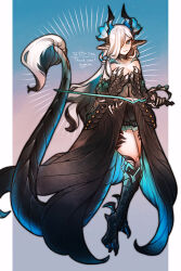  bare_shoulders black_hair black_tail black_wings blue_eyes blue_hair blue_wings breasts claws commission dragon_girl dragon_horns dragon_tail dragon_wings extra_arms fang hair_over_eyes hairband highres hogara holding holding_sword holding_weapon horns kneehighs long_hair medium_breasts monster_girl multicolored_hair one_eye_covered original pointy_ears rapier scales skeb_commission skirt socks sword tail weapon white_hair wings 