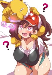  1girl ? alternate_breast_size blush breasts brown_hair collarbone creatures_(company) elaine_(pokemon) furry furry_male furry_with_non-furry game_freak gen_1_pokemon highres hypno hypnosis interspecies konno_tohiro large_breasts long_hair mind_control nintendo open_mouth pokemon pokemon_(creature) pokemon_bw2 pokephilia shirt sweat very_long_hair visor_cap  rating:Questionable score:160 user:danbooru