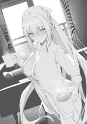  10330_illust 1girl absurdres areola_slip blush braid breasts cleavage coffee_mug collarbone cup fate/grand_order fate_(series) french_braid greyscale hair_ribbon highres large_breasts long_hair long_sleeves looking_at_viewer monochrome morgan_le_fay_(fate) mug naked_shirt navel open_clothes open_shirt parted_lips ribbon shirt sidelocks stomach 