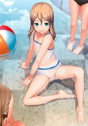 3girls arm_support bare_shoulders barefoot blue_eyes brown_hair feet flat_chest highres legs loli looking_at_viewer multiple_girls open_mouth original partially_submerged see-through sitting sody spread_legs toes wading water wet wet_clothes rating:Questionable score:493 user:danbooru