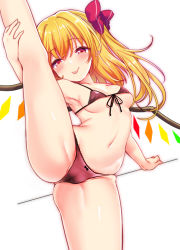  1girl bare_arms bare_legs bare_shoulders blonde_hair blush bow bow_panties bra breasts cameltoe flandre_scarlet flexible front-tie_top hair_bow long_hair looking_at_viewer navel panties pointy_ears red_bow red_bra red_eyes red_panties rimu_(kingyo_origin) simple_background small_breasts smile solo split standing standing_on_one_leg standing_split stomach tongue tongue_out touhou underwear underwear_only white_background wings  rating:Questionable score:29 user:danbooru