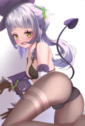 1girl black_headwear black_pantyhose blush breasts cameltoe commentary_request demon_tail hair_ornament hat hexagram_hair_ornament highres hololive kaju_paint murasaki_shion open_mouth pantyhose shiokko_(murasaki_shion) short_eyebrows tail tilted_headwear virtual_youtuber witch_hat yellow_eyes rating:Questionable score:24 user:danbooru