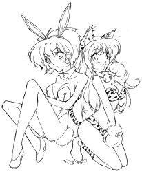  2girls animal_ears animal_print back-to-back bell boots bow bowtie breasts cat_ears cleavage detached_collar fake_animal_ears gloves greyscale high_heels highres kneeling lineart long_hair monochrome multiple_girls navel outline playboy_bunny rabbit_ears rabbit_tail short_hair sitting tail tiger_print  rating:Sensitive score:1 user:Siraulo