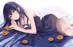  1girl blue_dress blue_hair dark_blue_clothes dark_blue_hair dress hair_ornament kushima_kamome lying on_side skull_and_crossbones skull_hair_ornament smile solo summer_pockets tagme water wet wet_clothes wet_hair yellow_eyes yutori_z71  rating:Sensitive score:8 user:shitpostmeister