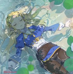 1girl blonde_hair braid breasts closed_eyes crown_braid day flower hair_ornament hairclip lips long_hair long_sleeves lotus lying medium_breasts nintendo on_back outdoors pants parted_bangs partially_submerged pointy_ears princess_zelda shirt shuri_(84k) smile solo sparkle sunlight the_legend_of_zelda the_legend_of_zelda:_breath_of_the_wild thick_eyebrows twitter_username water rating:Sensitive score:15 user:danbooru