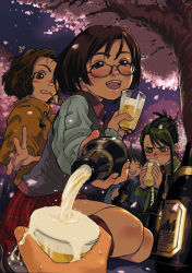 1boy 3girls :d @_@ ^^^ ^_^ alcohol artist_request beer beer_mug blush bottle brown_eyes brown_hair cherry_blossoms closed_eyes cup drinking drinking_glass drunk forest from_below froth glass glasses green_eyes green_hair grove hanami holding holding_bottle holding_cup hood hood_down hoodie kneehighs long_sleeves looking_at_viewer miniskirt mouth_hold mug multiple_girls nature night nose_blush open_mouth park party plaid plaid_skirt pouring pov pov_hands short_hair sitting skirt sky smile socks spilling tree yokozuwari rating:Sensitive score:6 user:danbooru