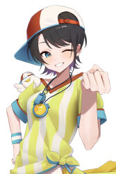  1girl absurdres aqua_eyes baseball_cap black_hair clenched_hand commentary d4kou16 grin hand_on_own_hip hand_up hat highres hololive looking_at_viewer one_eye_closed oozora_subaru oozora_subaru_(1st_costume) red_hat shirt short_hair shorts sideways_hat simple_background smile solo standing stopwatch stopwatch_around_neck straight-on striped_clothes striped_shirt subaru_duck sweatband swept_bangs symbol-only_commentary t-shirt teeth tied_shirt two-tone_headwear two-tone_shirt v-neck vertical-striped_clothes vertical-striped_shirt virtual_youtuber watch whistle whistle_around_neck white_background white_hat white_shirt white_shorts wristband yellow_shirt 
