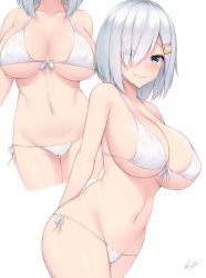  1girl bare_shoulders bikini blue_eyes blush breasts closed_mouth collarbone hair_ornament hair_over_one_eye hairclip hamakaze_(kancolle) highres kantai_collection kuavera large_breasts looking_at_viewer multiple_views navel short_hair silver_hair simple_background smile swimsuit thighs white_background white_bikini  rating:Sensitive score:17 user:danbooru