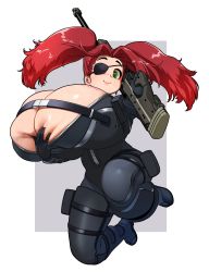  1girl absurdres areola_slip bodysuit breasts buckle cleavage eyepatch freckles gigantic_breasts green_eyes gun hair_intakes hair_pulled_back highres large_areolae naze original red_hair rifle simple_background sniper_rifle solo twintails unzipped weapon  rating:Questionable score:82 user:animeboy12
