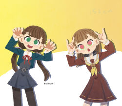  2girls :d :o alt_text black_bow black_pantyhose blazer blue_jacket blunt_bangs blush_stickers bow braid brown_dress brown_hair center-flap_bangs check_commentary claw_pose collared_shirt commentary_request dress fox_shadow_puppet french_braid green_eyes grey_dress hair_bow hair_ribbon half_updo hasu_no_sora_school_uniform height highres in-franchise_crossover jacket kachimachi_kosuzu leaning_to_the_side link!_like!_love_live! long_hair long_sleeves looking_at_viewer love_live! love_live!_superstar!! low_twintails medium_dress meidosan multiple_girls neck_ribbon neckerchief open_clothes open_jacket open_mouth pantyhose pink_eyes pleated_dress pose_switch red_ribbon ribbon sailor_collar sailor_dress sakurakoji_kinako school_uniform shirt short_dress side_ahoge side_braids smile straight_hair striped_bow symmetry teeth trait_connection twintails twitter_username two-tone_background upper_teeth_only v-shaped_eyebrows virtual_youtuber white_background white_ribbon white_sailor_collar white_shirt winter_uniform yellow_background yellow_neckerchief yuigaoka_school_uniform 